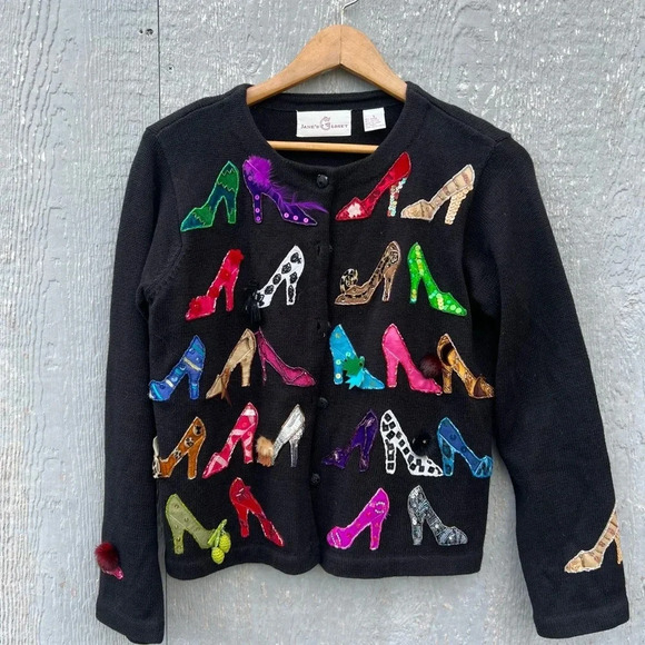 Women's Black Cardigan with Colorful Shoe Design - Picture 1 of 5